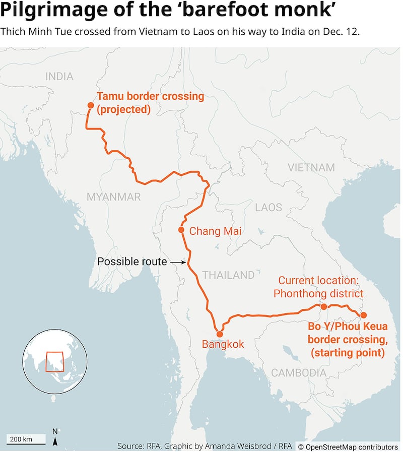 The route of Thich Man Tue, the "barefoot monk"