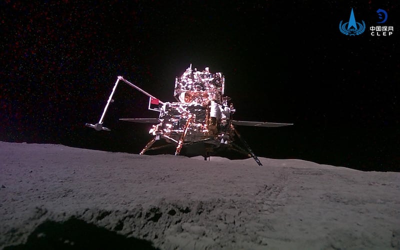 The ascender and lander captured by China's Chang’e-6 lunar probe is seen after it landed on the moon, June 3, 2024.