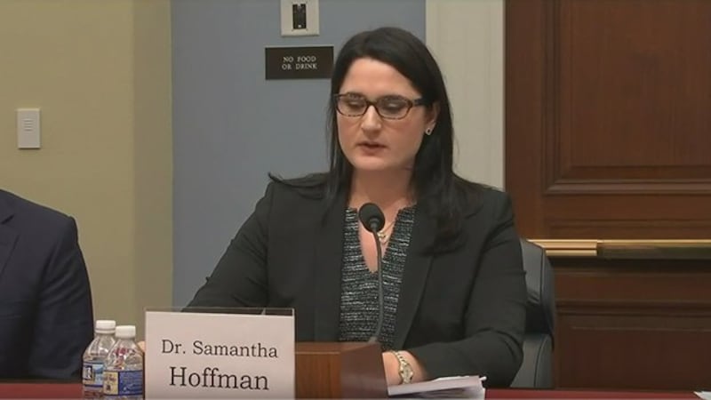 澳大利亚战略政策研究所客座研究员霍夫曼(Samantha Hoffman)在听证会上作证。 (视频截图)