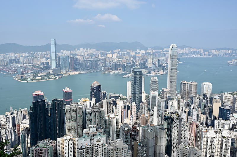 Aerial view of buildings on both sides of Victoria Harbor on Oct. 8, 2024 in Hong Kong.