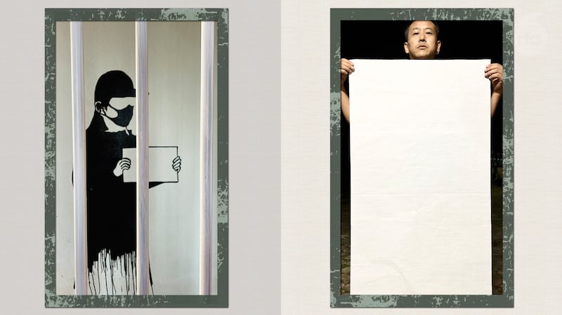 中国艺术家杜应红(右)用一张大白纸声援"白纸运动"，他并且画出因举白纸静默抗议而被警察带走的南京女学生李康梦(左)。(杜应红提供)