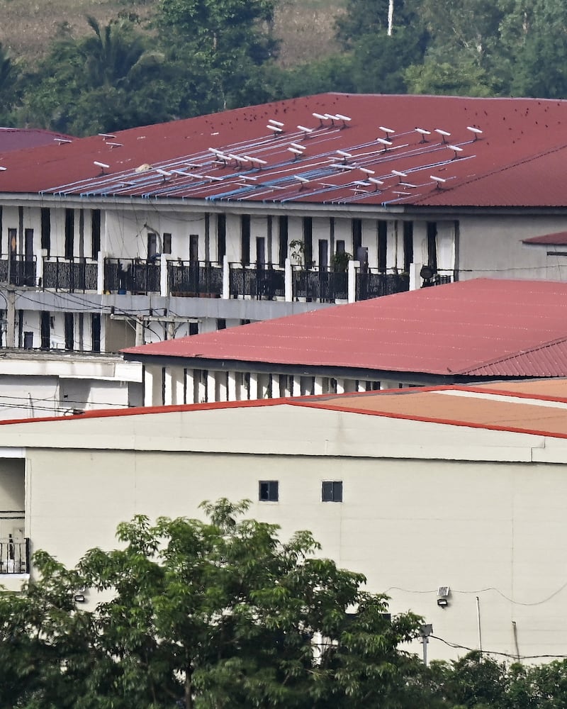 This Sept. 17, 2025, photo shows what appears to be Starlink satellite dishes on the roof in the KK Park complex in Myanmar's eastern Myawaddy township, as pictured from Mae Sot district in Thailand's border province of Tak.