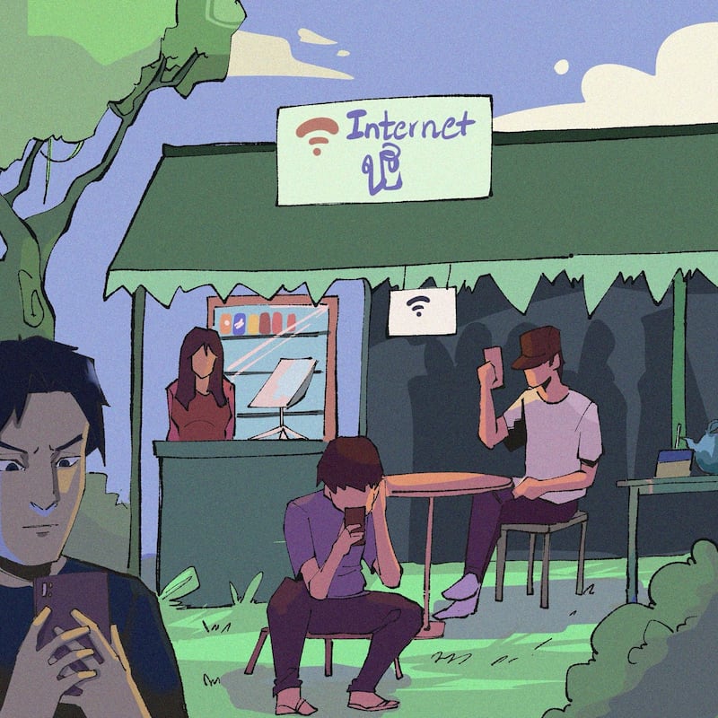 在没有网路覆盖的缅甸反抗军占领区，地方茶馆安装“星链系统”，贩售网路给村庄居民。（插画／阿涂）