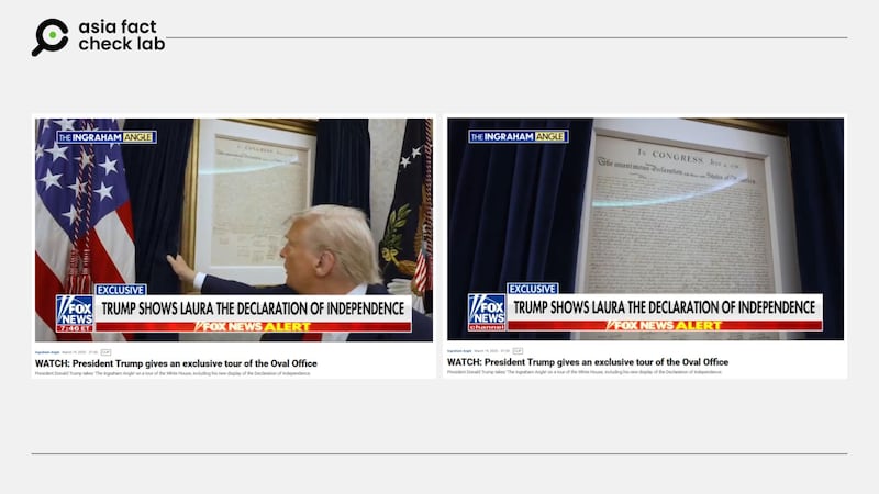 福克斯新闻的原始影片显示,美国总统特朗普展示挂在白宫墙上的是独立宣言。福克斯新闻截图